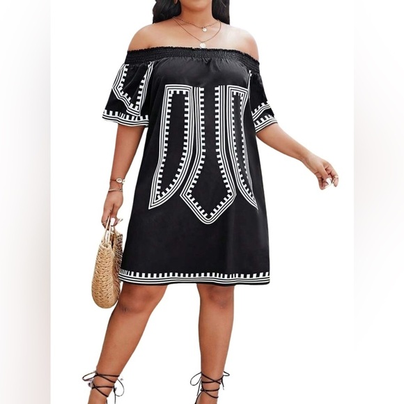 SHEIN VCAY NEW Plus Geo Print Off Shoulder Half Sleeve Tunic Dress 2XL - Picture 1 of 5